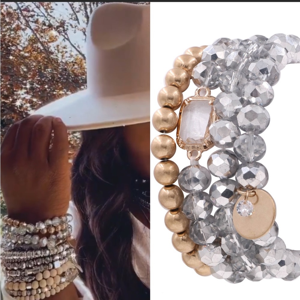 J704 Multi Stand 4 Beaded Bracelet Set with Charm in Silver Gold
